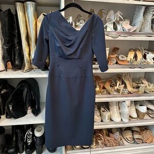Black Halo belted drape neck sheath dress